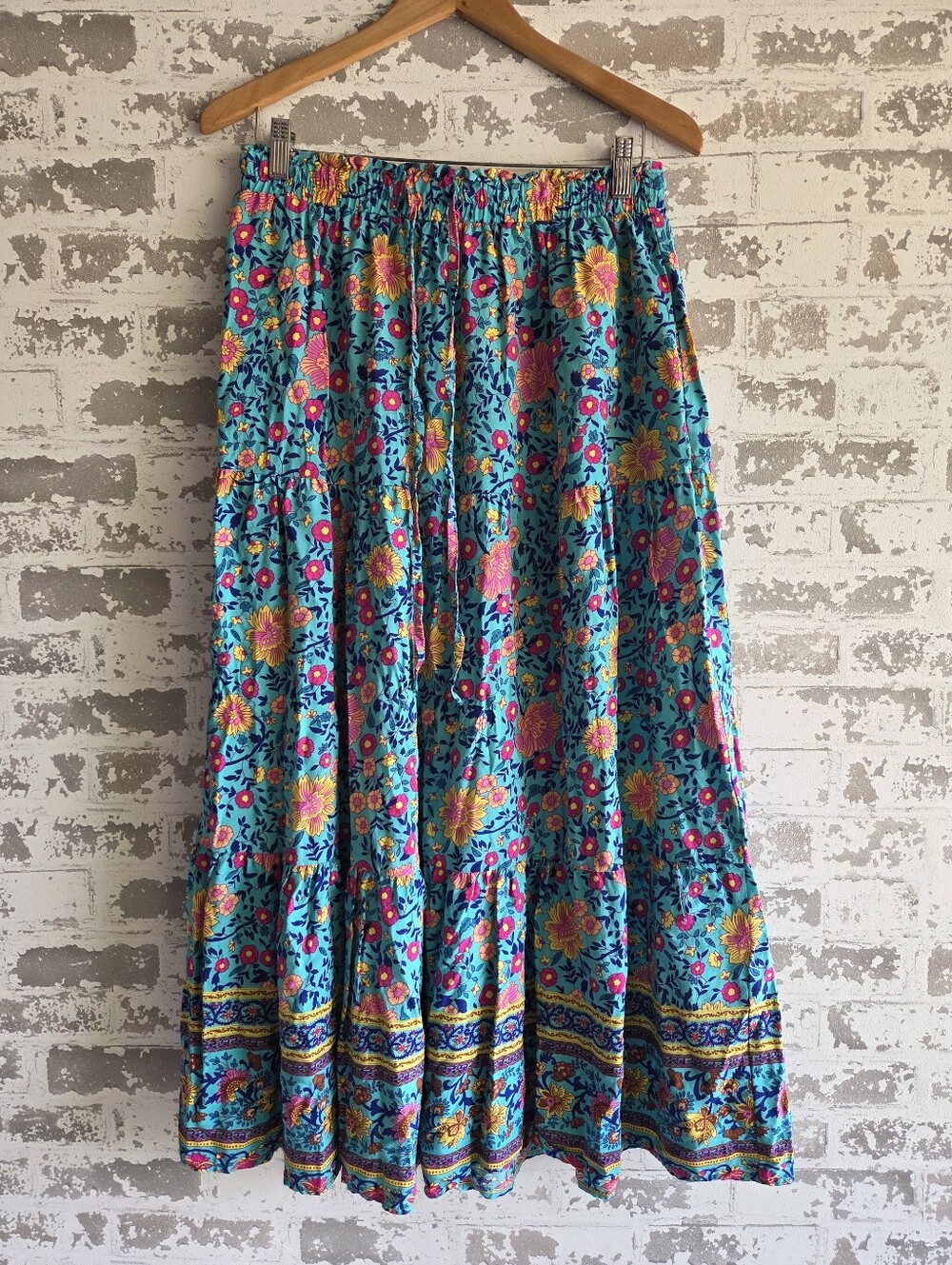 ZESICA Floral Print Tiered Maxi Skirt Large Boho Rayon Teal Pink Flounce Gypsy